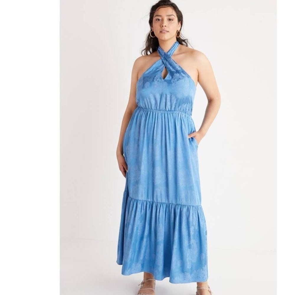 Anthropologie Blue Halter Floral Maxi Dress